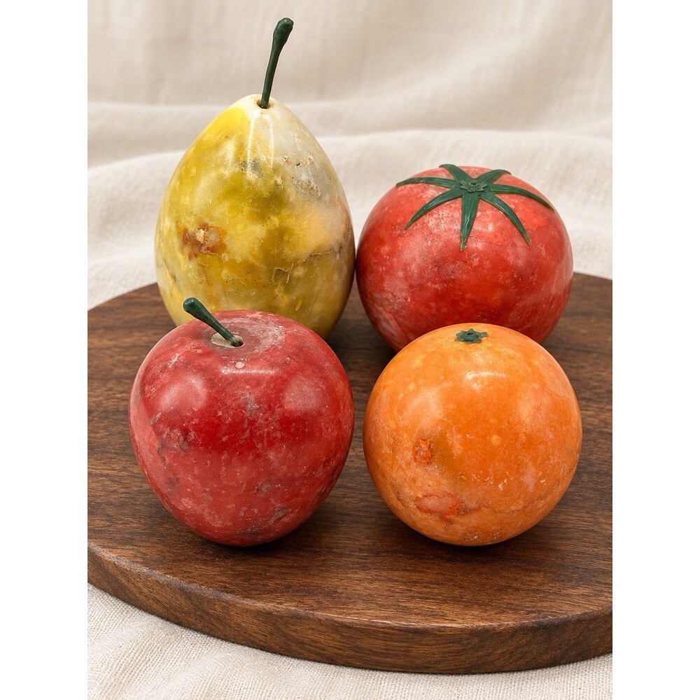 Vintage Carved Marble Stone Fruit, Apple Orange Tomato Pear Polished Alabaster